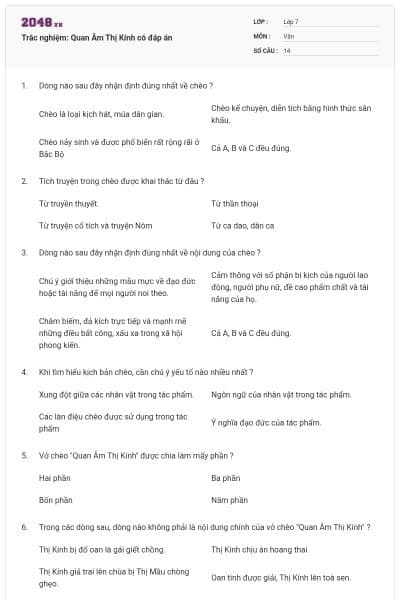 Trắc nghiệm: Quan Âm Thị Kính có đáp án