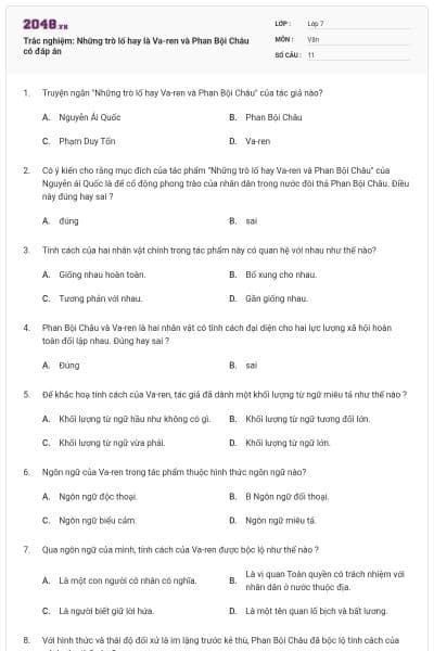 Trắc nghiệm: Những trò lố hay là Va-ren và Phan Bội Châu có đáp án