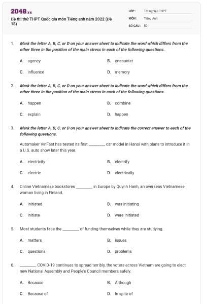 Đề thi thử THPT Quốc gia môn Tiếng anh năm 2022 (Đề 18)