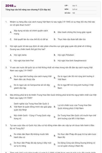 Tổng hợp câu hỏi nâng cao chương 9 (Có đáp án)