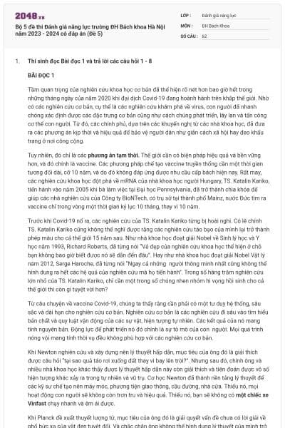 Bộ 5 đề thi Đánh giá năng lực trường ĐH Bách khoa Hà Nội năm 2023 - 2024 có đáp án (Đề 5)