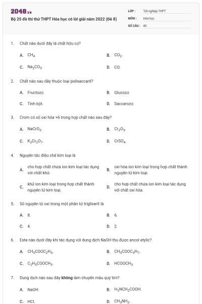 Bộ 25 đề thi thử THPT Hóa học có lời giải năm 2022 (Đề 8)