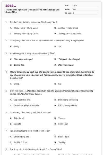 Trắc nghiệm Ngữ Văn 9 (có đáp án): Vài nét về tác giả Chu Quang Tiêm