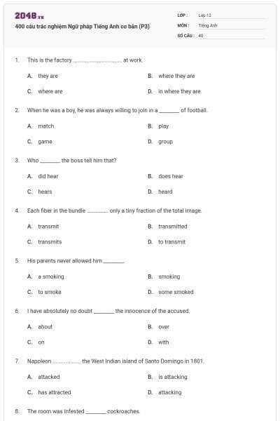 400 câu trắc nghiệm Ngữ pháp Tiếng Anh cơ bản (P3)