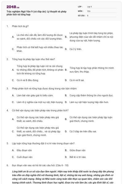 Trắc nghiệm Ngữ Văn 9 (có đáp án): Lý thuyết về phép phân tích và tổng hợp