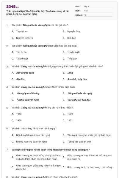 Trắc nghiệm Ngữ Văn 9 (có đáp án): Tìm hiểu chung về tác phẩm tiếng nói của văn nghệ