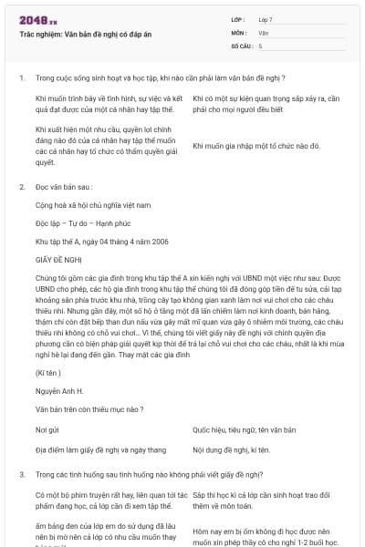 Trắc nghiệm: Văn bản đề nghị có đáp án