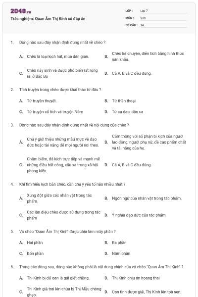 Trắc nghiệm: Quan Âm Thị Kính có đáp án