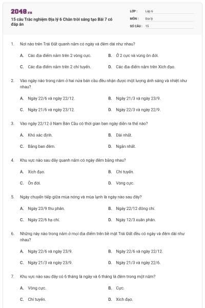 15 câu Trắc nghiệm Địa lý 6 Chân trời sáng tạo Bài 7 có đáp án