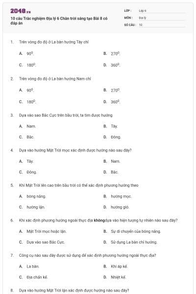 10 câu Trắc nghiệm Địa lý 6 Chân trời sáng tạo Bài 8 có đáp án