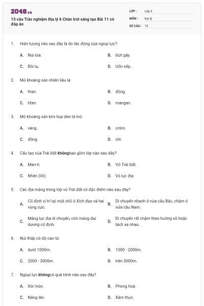 15 câu Trắc nghiệm Địa lý 6 Chân trời sáng tạo Bài 11 có đáp án