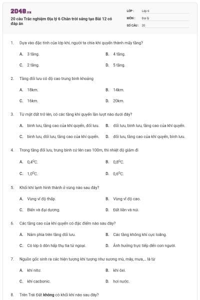20 câu Trắc nghiệm Địa lý 6 Chân trời sáng tạo Bài 12 có đáp án