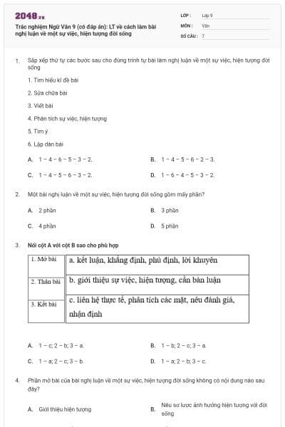 Trắc nghiệm Ngữ Văn 9 (có đáp án): LT về cách làm bài nghị luận về một sự việc, hiện tượng đời sống