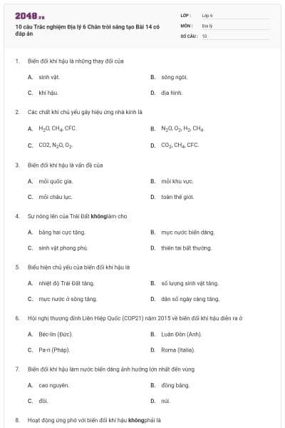 10 câu Trắc nghiệm Địa lý 6 Chân trời sáng tạo Bài 14 có đáp án