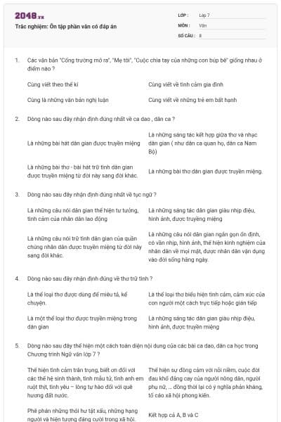 Trắc nghiệm: Ôn tập phần văn có đáp án