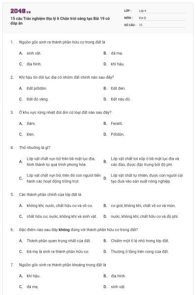 15 câu Trắc nghiệm Địa lý 6 Chân trời sáng tạo Bài 19 có đáp án