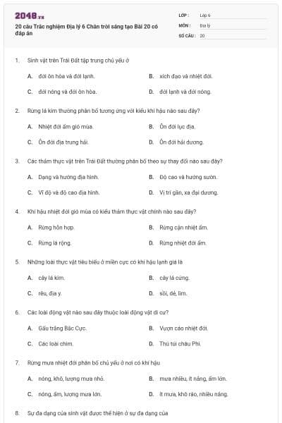 20 câu Trắc nghiệm Địa lý 6 Chân trời sáng tạo Bài 20 có đáp án