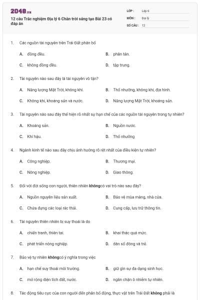 12 câu Trắc nghiệm Địa lý 6 Chân trời sáng tạo Bài 23 có đáp án