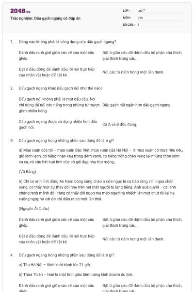 Trắc nghiệm: Dấu gạch ngang có đáp án