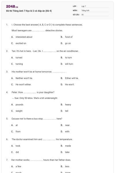 Đề thi Tiếng Anh 7 Học kì 2 có đáp án (Đề 4)