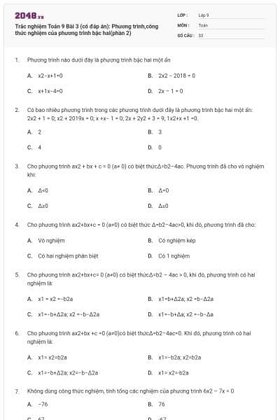 Trắc nghiệm Toán 9 Bài 3 (có đáp án): Phương trình,công thức nghiệm của phương trình bậc hai(phần 2)
