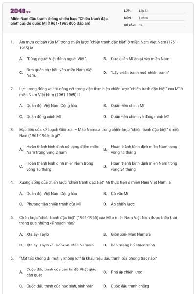 Miền Nam đấu tranh chống chiến lược "Chiến tranh đặc biệt" của đế quốc Mĩ (1961-1965)(Có đáp án)