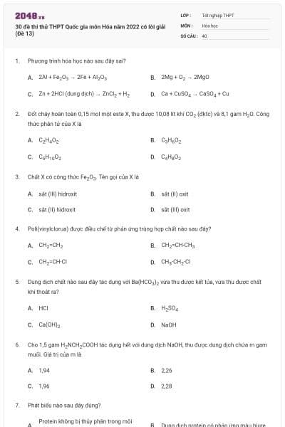 30 đề thi thử THPT Quốc gia môn Hóa năm 2022 có lời giải (Đề 13)