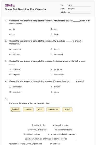 Từ vựng 2 (có đáp án): Hoạt động ở Trường học