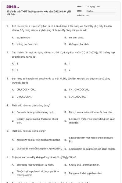 30 đề thi thử THPT Quốc gia môn Hóa năm 2022 có lời giải (Đề 14)