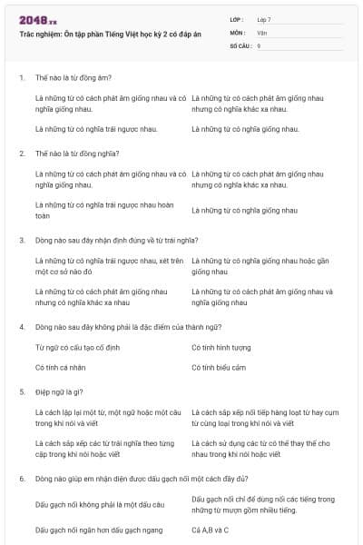 Trắc nghiệm: Ôn tập phần Tiếng Việt học kỳ 2 có đáp án