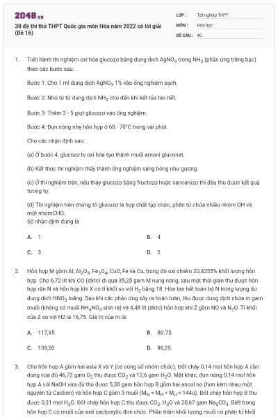 30 đề thi thử THPT Quốc gia môn Hóa năm 2022 có lời giải (Đề 16)