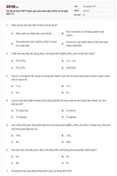 30 đề thi thử THPT Quốc gia môn Hóa năm 2022 có lời giải (Đề 17)