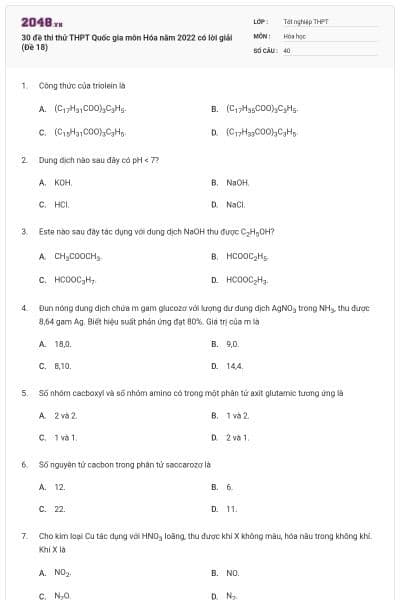 30 đề thi thử THPT Quốc gia môn Hóa năm 2022 có lời giải (Đề 18)