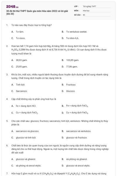 30 đề thi thử THPT Quốc gia môn Hóa năm 2022 có lời giải (Đề 20)