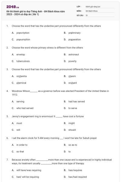 Đề thi Đánh giá tư duy Tiếng Anh - ĐH Bách khoa năm 2023 - 2024 có đáp án ( Đề 1)