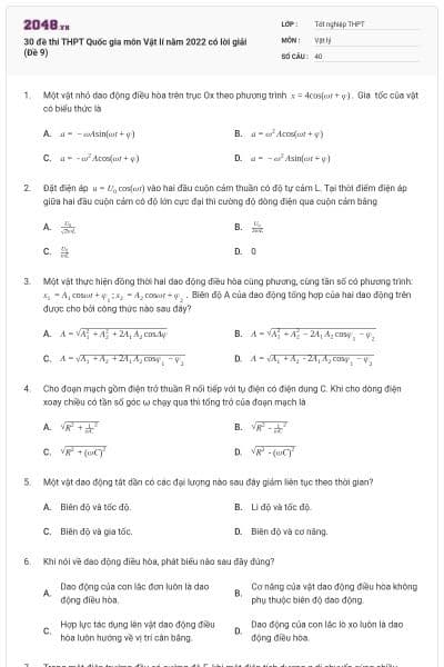 30 đề thi THPT Quốc gia môn Vật lí năm 2022 có lời giải (Đề 9)