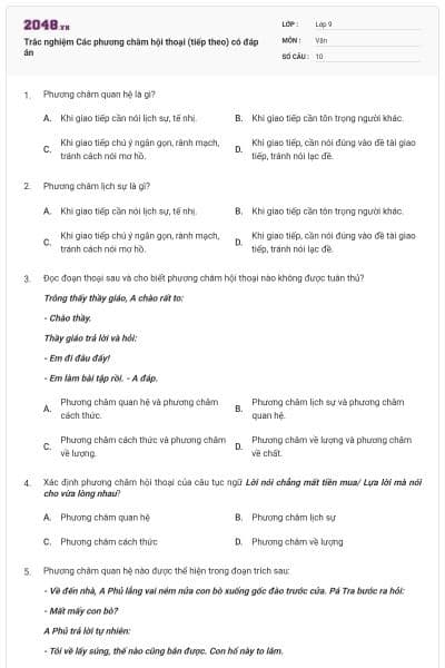 Trắc nghiệm Các phương châm hội thoại (tiếp theo) có đáp án