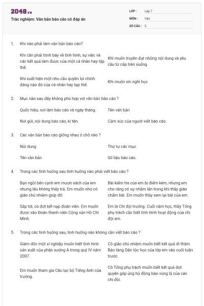 Trắc nghiệm: Văn bản báo cáo có đáp án
