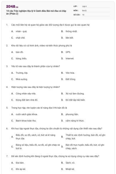 10 câu Trắc nghiệm Địa lý 6 Cánh diều Bài mở đầu có đáp án (Phần 2)