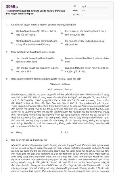 Trắc nghiệm: Luyện tập sử dụng yếu tố miêu tả trong văn bản thuyết minh có đáp án