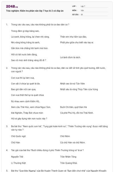 Trắc nghiệm: Kiểm tra phần văn lớp 7 học kì 2 có đáp án