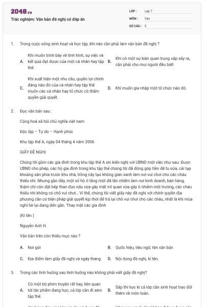 Trắc nghiệm: Văn bản đề nghị có đáp án