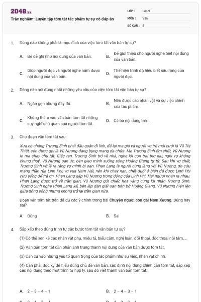 Trắc nghiệm: Luyện tập tóm tắt tác phẩm tự sự có đáp án