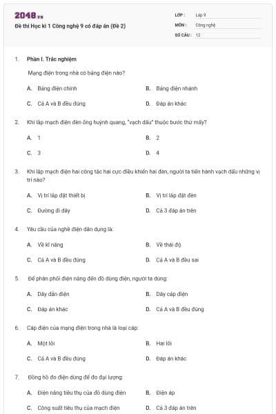 Đề thi Học kì 1 Công nghệ 9 có đáp án (Đề 2)