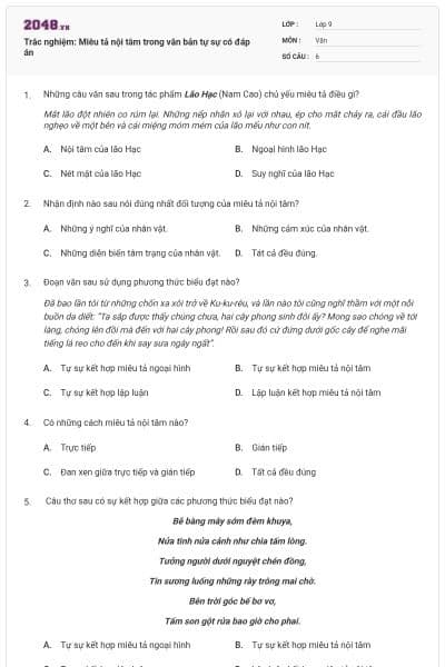 Trắc nghiệm: Miêu tả nội tâm trong văn bản tự sự có đáp án