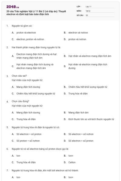 20 câu Trắc nghiệm Vật Lí 11 Bài 2 (có đáp án): Thuyết electron và định luật bảo toàn điện tích