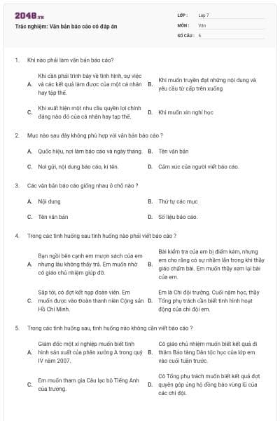 Trắc nghiệm: Văn bản báo cáo có đáp án