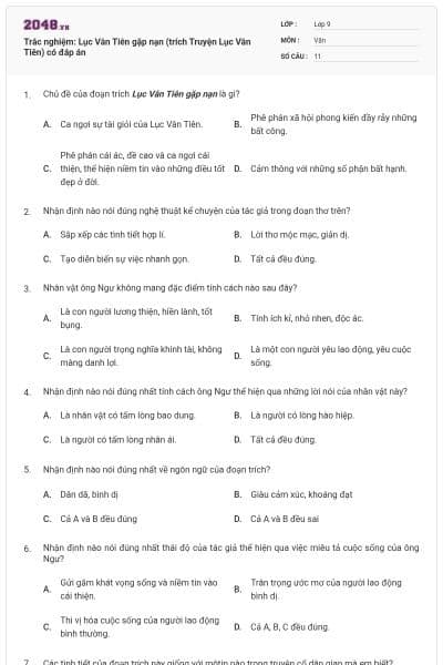 Trắc nghiệm: Lục Vân Tiên gặp nạn (trích Truyện Lục Vân Tiên) có đáp án