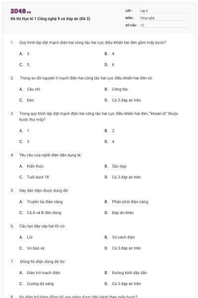 Đề thi Học kì 1 Công nghệ 9 có đáp án (Đề 3)
