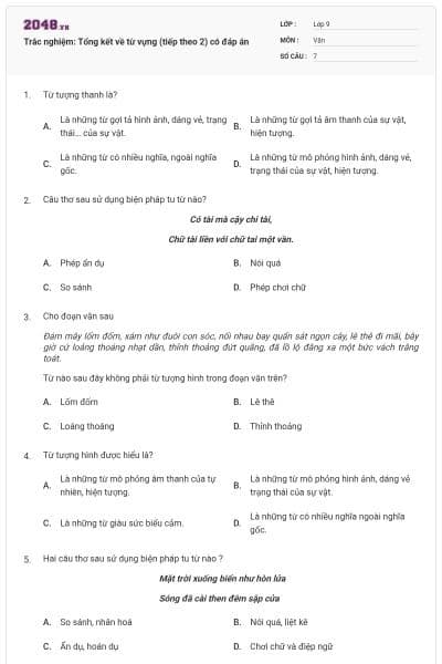 Trắc nghiệm: Tổng kết về từ vựng (tiếp theo 2) có đáp án